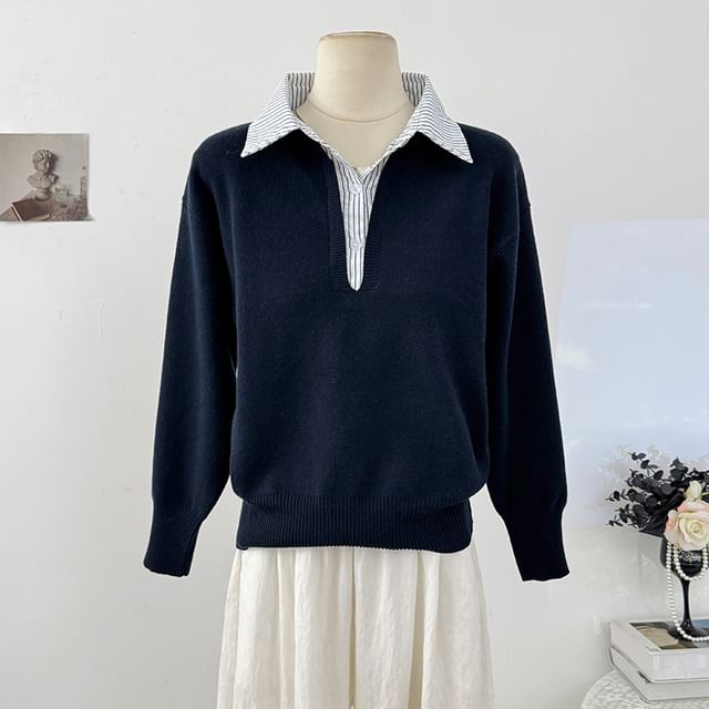 Lemongrass-Long Sleeve Mock Two Piece V-Neck Collared Striped Panel Loose-Fit Sweater