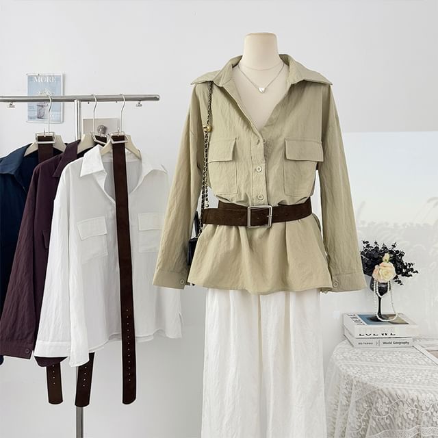 Lemongrass-Long-Sleeve Pocketed Plain Shirt