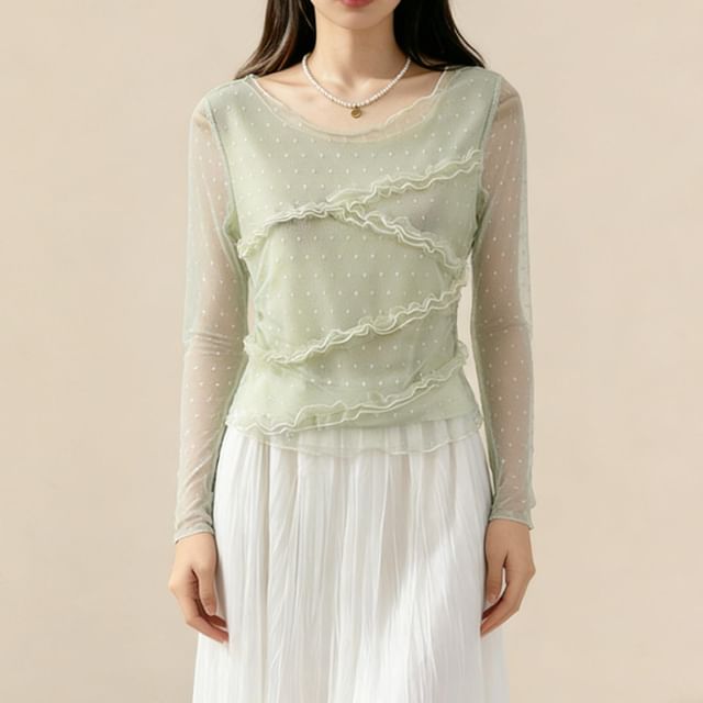 Lemongrass-Long Sleeve Round Neck Plain Frill Mesh Top