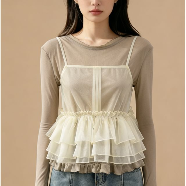 Lemongrass-Long-Sleeve Round Neck Plain Sheer Top Plain Ruffle Trim Camisole Top