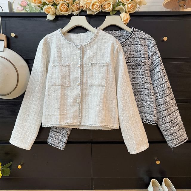 Lemongrass-Long Sleeve Round Neck Tweed Jacket