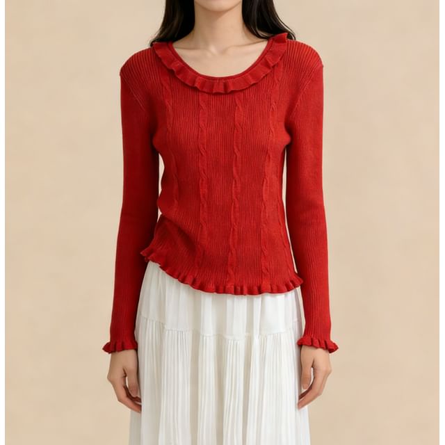 Lemongrass-Long Sleeve Ruffled-Trim Plain Knit Top