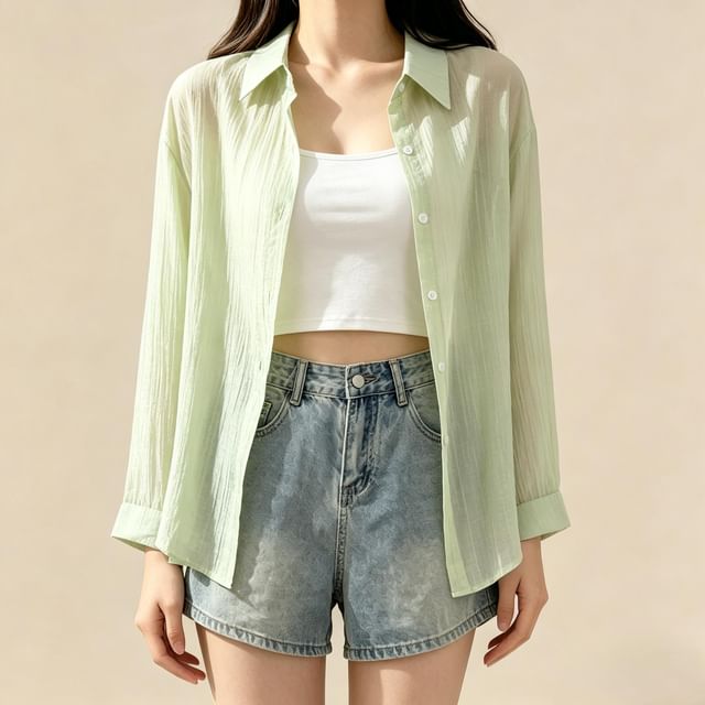 Lemongrass-Long-Sleeve Slit Back Sheer Plain Shirt
