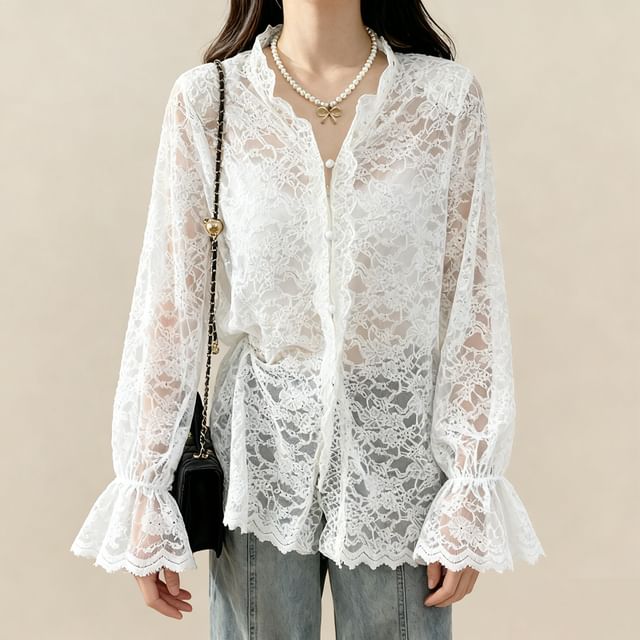 Lemongrass-Long-Sleeve Stand Collar Button-Up Lace Blouse