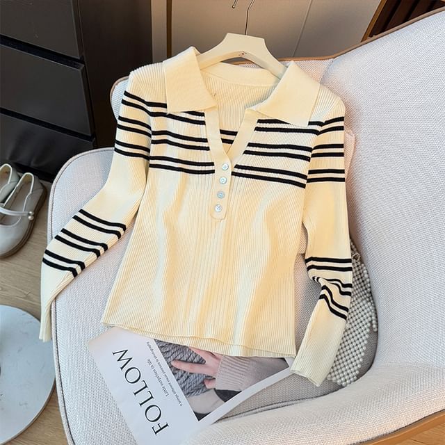 Lemongrass-Long-Sleeve Striped Knit Polo Top