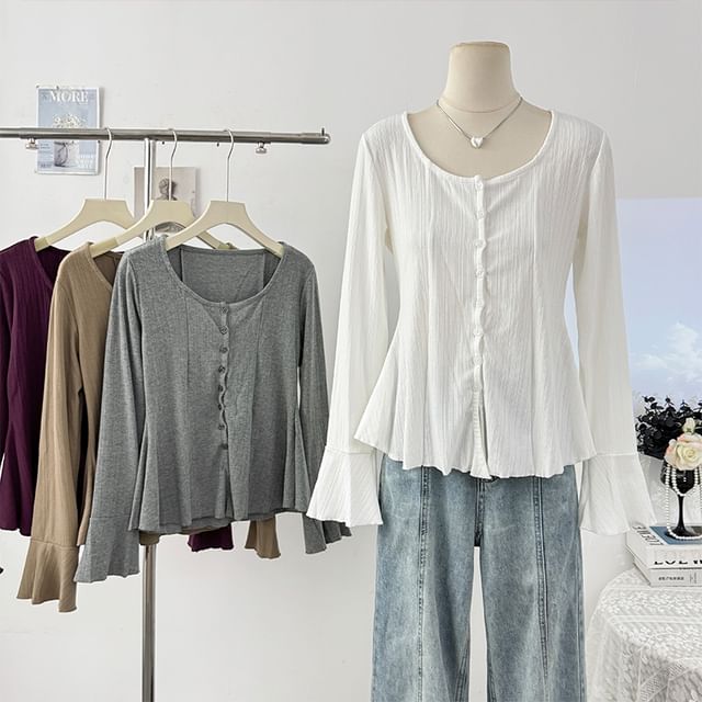 Lemongrass-Long-Sleeve U-Neck Button-Up Plain Top
