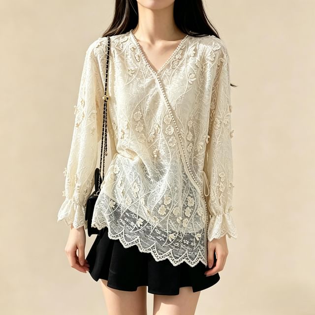 Lemongrass-Long-Sleeve V-Neck Lace Top