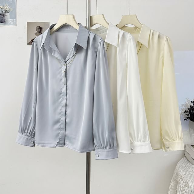 Lemongrass-Long Sleeve V-Neck Plain Blouse