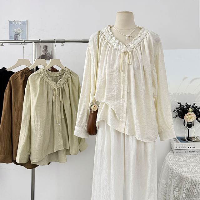 Lemongrass-Long-Sleeve V-Neck Plain Button Blouse