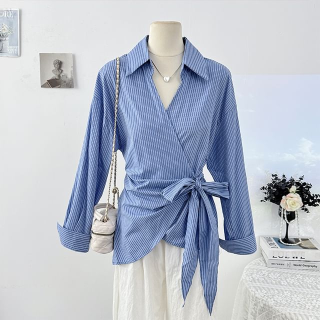 Lemongrass-Long-Sleeve Wrapped Striped Shirt