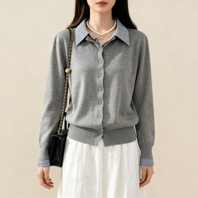 Lemongrass-Mock Two-Piece Collared Gingham Panel Button-Up Cardigan