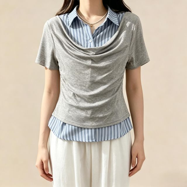 Lemongrass-Mock Two-Piece Short-Sleeve Striped Panel Top