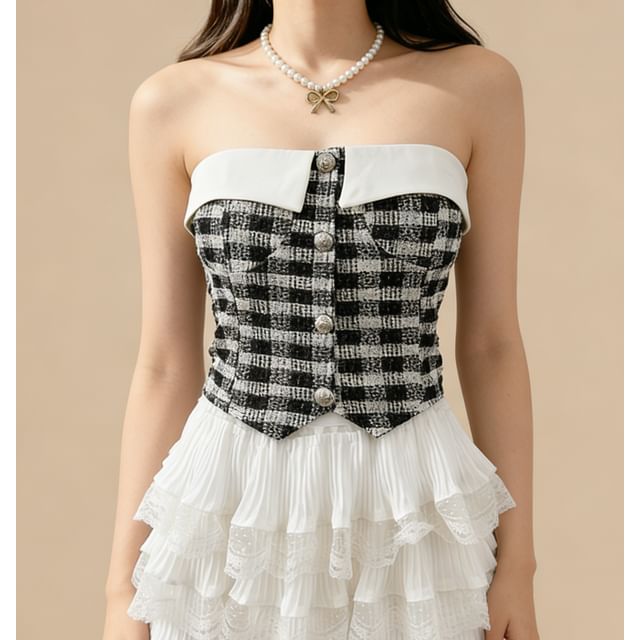 Lemongrass-Plaid Button-Up Tweed Crop Tube Top