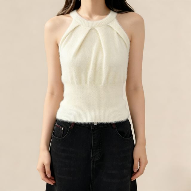 Lemongrass-Plain Knit Halter Top