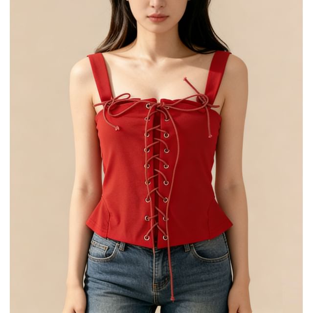 Lemongrass-Plain Lace-Up Slim-Fit Tank Top