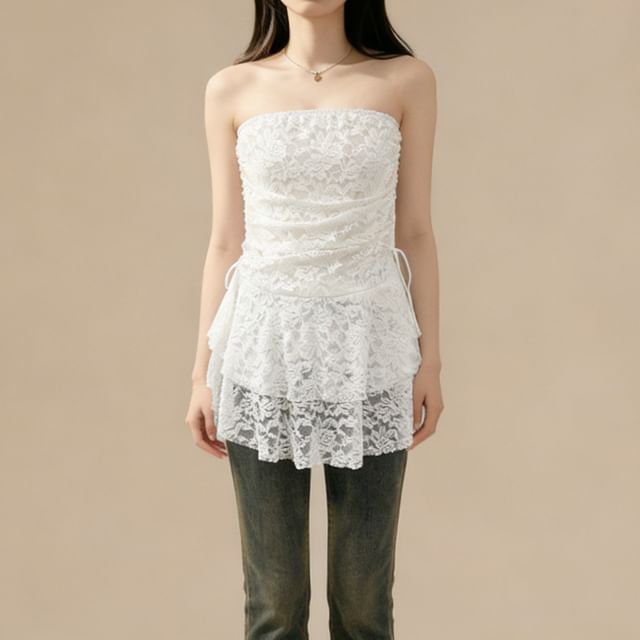 Lemongrass-Plain Ruched Lace Tube Top