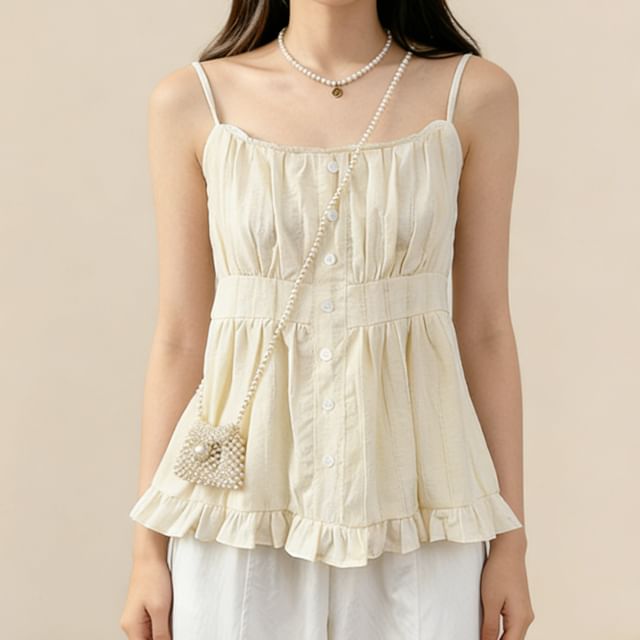 Lemongrass-Plain Ruffle Button Camisole Top