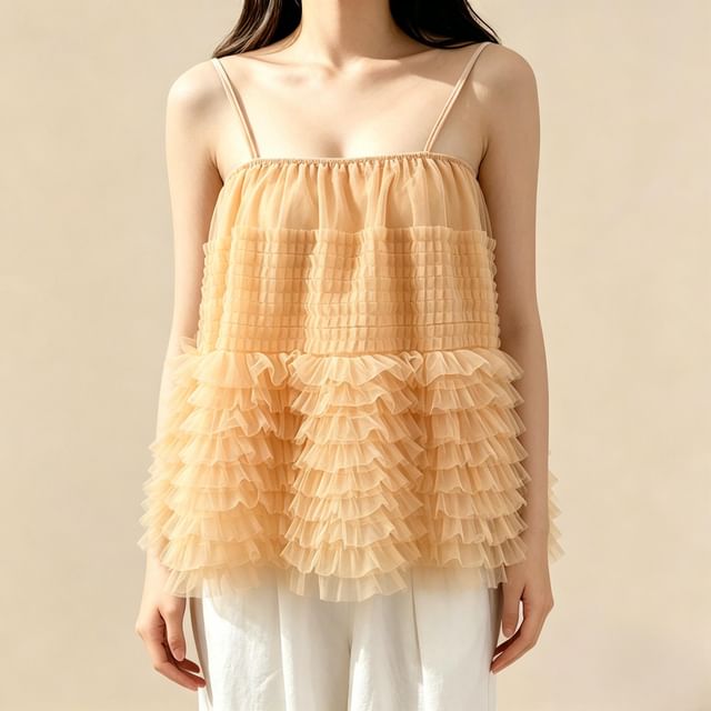 Lemongrass-Plain Tiered Panel Mesh Camisole Top