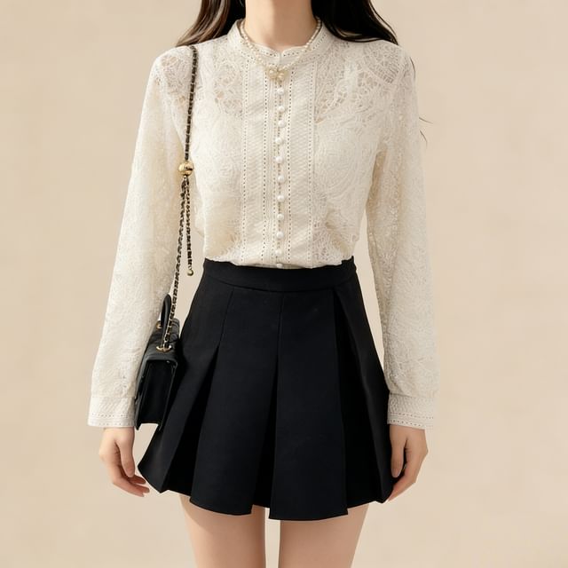 Lemongrass-Puff-Sleeve Button-Up Lace Blouse
