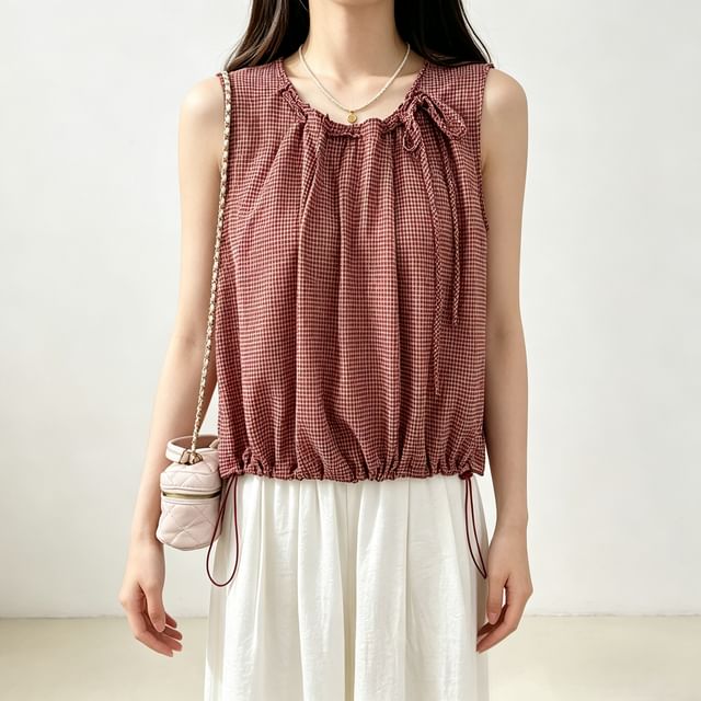 Lemongrass-Round Neck Gingham Drawstring Loose-Fit Tank Top