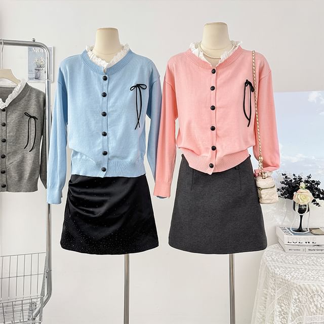 Lemongrass-Round Neck Lace Trim Button Up Cardigan