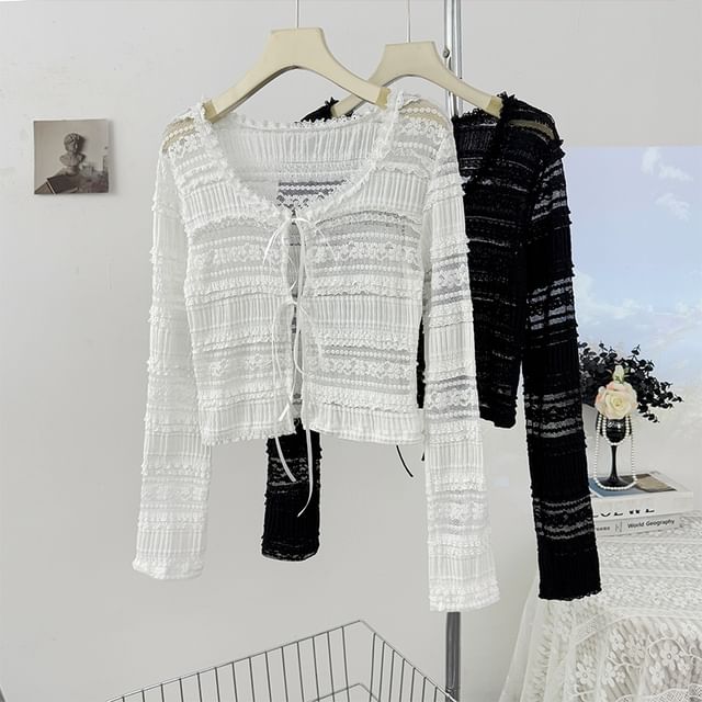 Lemongrass-Round Neck Plain Pointelle Cardigan