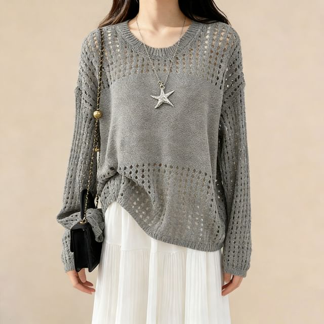 Lemongrass-Round Neck Plain Pointelle Knit Sweater