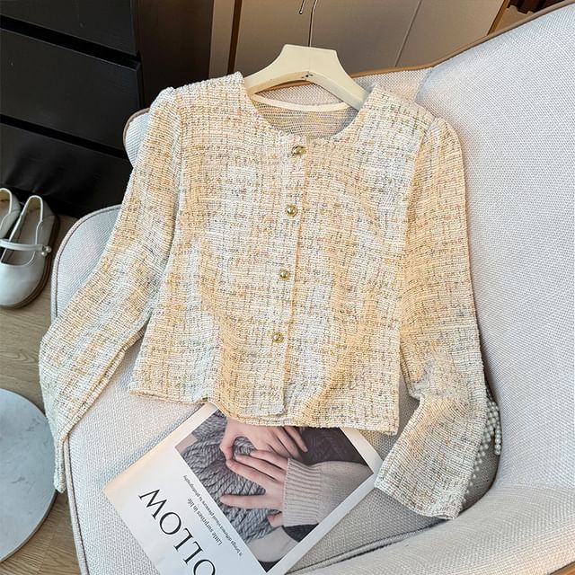 Lemongrass-Round Neck Plain Tweed Button Jacket