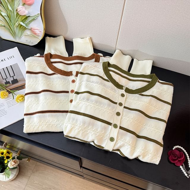 Lemongrass-Round Neck Striped Button Up Cardigan