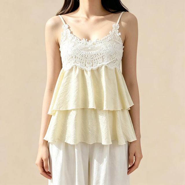 Lemongrass-Ruffle Panel Lace Flowy Camisole Top