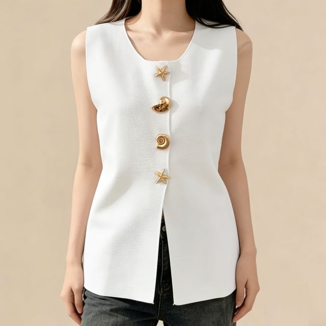 Lemongrass-Scoop Neck Button Detail Slit Tank Top