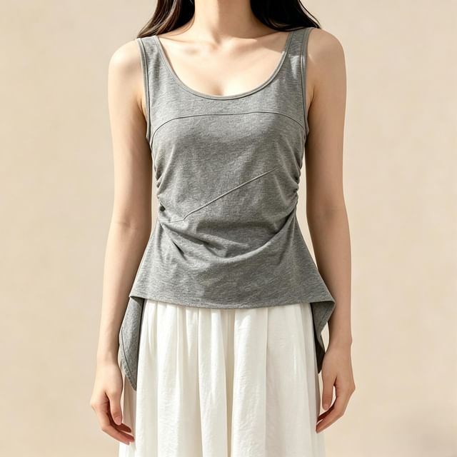 Lemongrass-Scoop Neck Plain Ruched Panel Tank Top