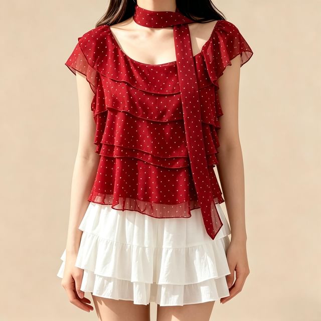 Lemongrass-Set Cap-Sleeve Asymmetrical Neck Micro Dot Tiered Ruffle Blouse Skinny Scarf