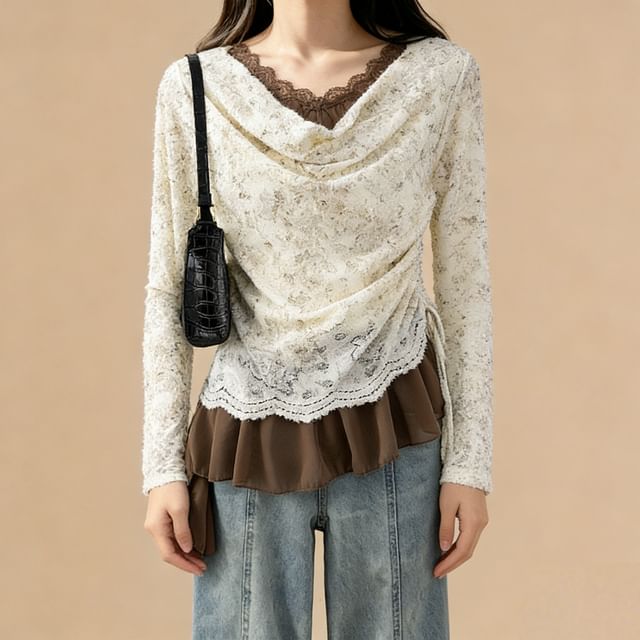 Lemongrass-Set Long-Sleeve Cowl Neck Asymmetrical Drawstring Ruffle Hem Lace Top Skinny Scarf