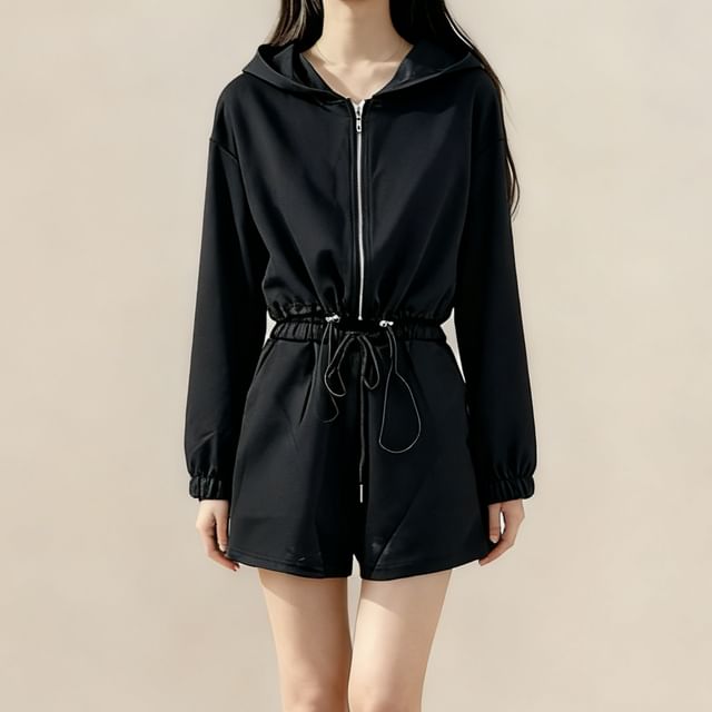 Lemongrass-Set Long Sleeve Plain Drawstring Hooded Zip-Up Jacket High Waist Shorts