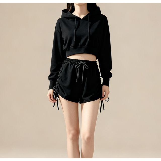 Lemongrass-Set Long Sleeve Plain Zip-Up Jacket High Waist Side-Drawstring Shorts