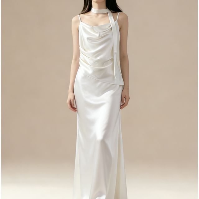 Lemongrass-Set Spaghetti Strap Cowl Neck Plain Ruched Satin Maxi Mermaid Dress Skinny Scarf