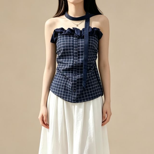 Lemongrass-Set Strapless Ruffle Plaid Top Twilly