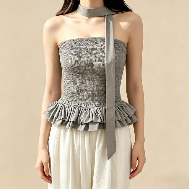 Lemongrass-Set Strapless Smocked Plain Flowy Top Twilly