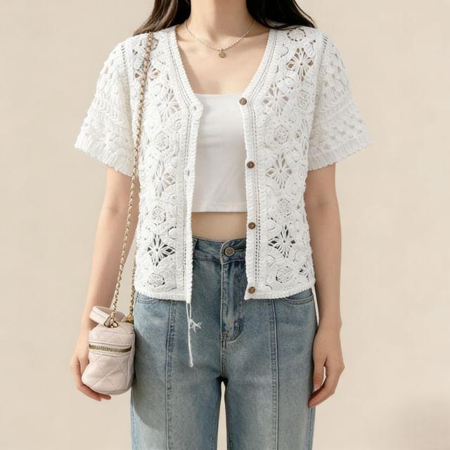 Lemongrass-Short-Sleeve Button-Up Crochet Top