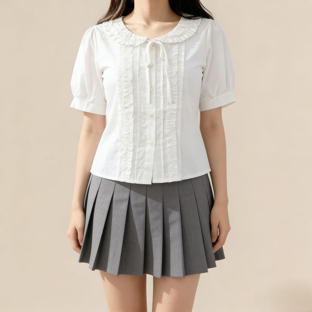 Lemongrass-Short-Sleeve Collared Plain Ruffle Trim Button Up Blouse