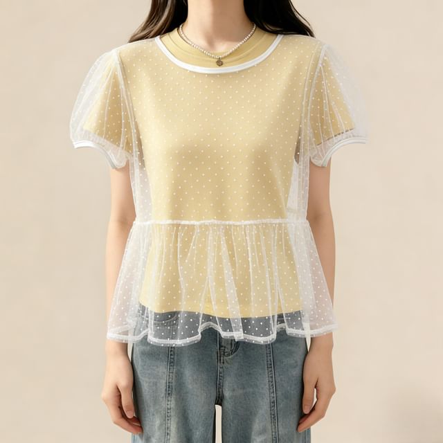 Mini Ruffle Mesh Tops Lemongrass - Short Sleeve Round Neck Dotted Ruffle Mesh Top | YesStyle