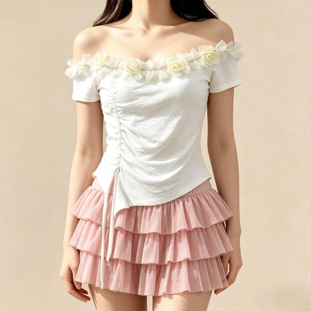 Lemongrass-Short-Sleeve Ruffle Plain Crop Top