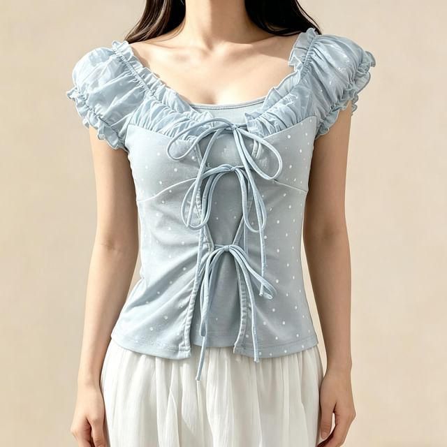 Lemongrass-Short-Sleeve U-Neck Dotted Crop Top