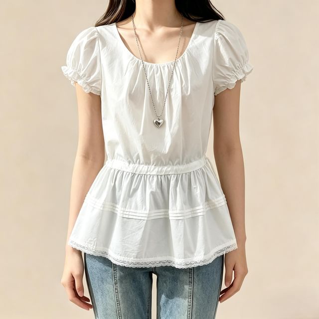 Lemongrass-Short-Sleeve U-Neck Plain Flowy Blouse