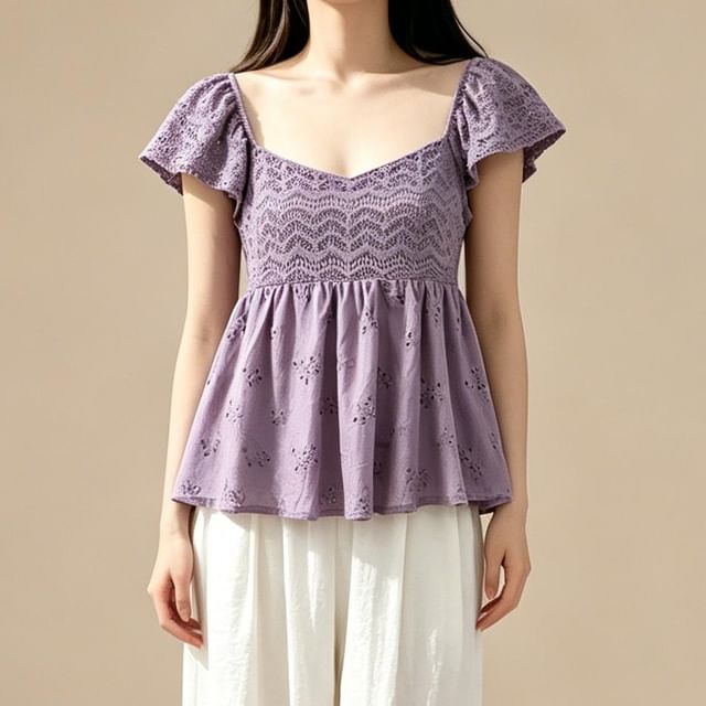 Lemongrass-Short-Sleeve V-Neck Perforated Flowy Blouse