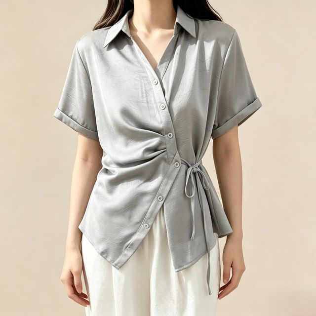 Lemongrass-Short-Sleeve Wrapped Plain Shirt