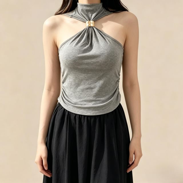 Lemongrass-Sleeveless Mock Neck Plain Ruched Padded Top