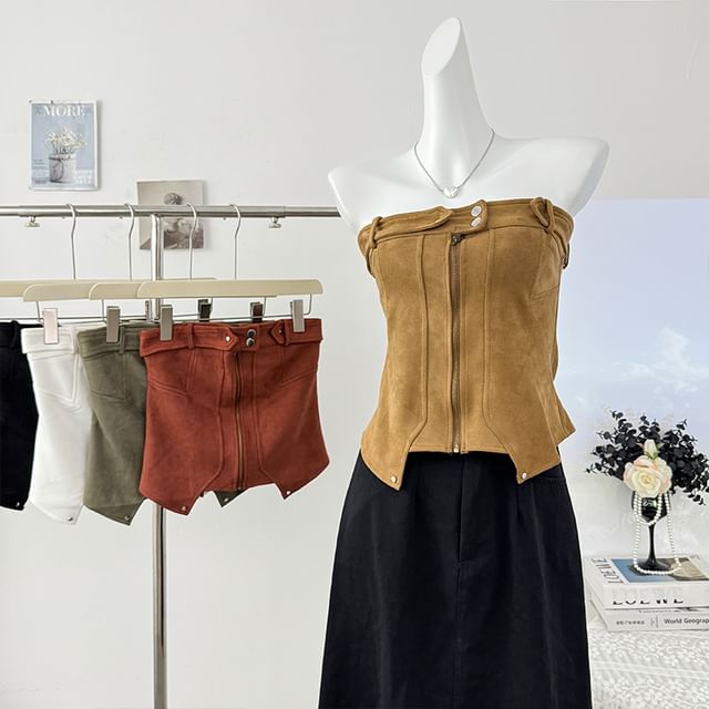 Lemongrass-Sleeveless Plain Zip Tube Top
