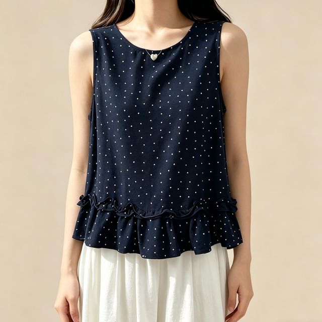 Lemongrass-Sleeveless Round Neck Dotted Ruffle Trim Top